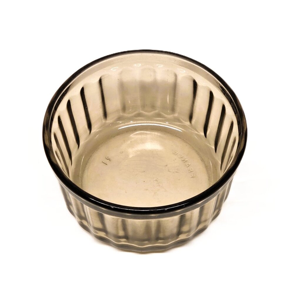 Vintage Arcopal France Ramekin Brown Ribbed Glass Creme Brulee Prep Bowl 3.25"